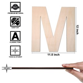 12 Inch Wooden Letter M, 1/4 Inch Thick Large Unfinished Wood Letter for DIY Crafts Home Wall Decor