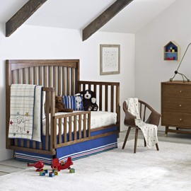 ED Ellen DeGeneres Doodle Dog - 100% Cotton Crib Skirt, Navy with Multi Stripe Border, Royal, Yellow, Red