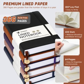 Winkooy Lined Journal Notebook, 366 Pages, Leather Hardcover Journals for Writing Thick A5 College Ruled Classic Notebook with Pen Loop, 100Gsm Daily Journal for Women Men Travel Business Work Office