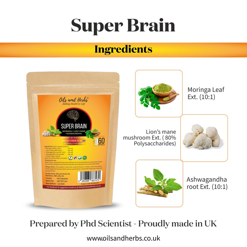Super Brain- Moringa with Ashwagandha Lion Mane Mushroom- 100% Natural-