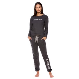 bebe Womens Pajama Sets - French Terry Pajamas for Women with L/S Pullover and PJ Pants with Pockets (Charcoal, Medium)
