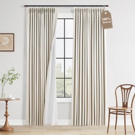 Pinch Pleated 100% Blackout Linen Curtains Natural Cream Room Darkening Modern Curtain 84 Inch for Bedroom Living Room Thermal Insulated Farmhouse Boho Drapes with Hooks Back Tab 2 Panels 40x84, Ivory