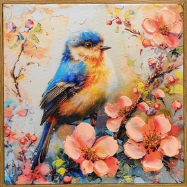 Blue Bird and Blossom Framed Canvas Wall Art with Gold Accents – 12" x 12" Hand-Painted Pink Petals with 3D Effect Nature Poster Perfect for Living Room, Bedroom, or Gift. (Blue bird)