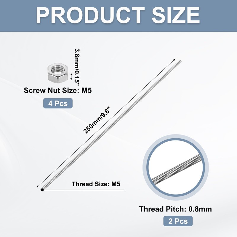 MECCANIXITY Fully Threaded Rod M5 x 250mm 0.8mm Thread Pitch