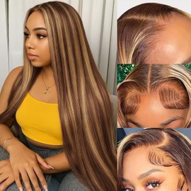 KEUET Ombre Lace Front Wig Human Hair 200% Density Honey Blonde Wigs 13x6 Lace Front Straight Wigs Human Hair 4/27 Blonde Highlighted Wig for Women 22 Inch