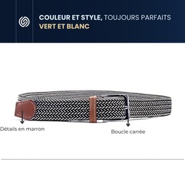 SEGMENTES Two Tone Elastic Braided Belt for Men and Women with Square Buckle and Brown Detail, Length 100 to 135 cm, Woven Fabric Belt Extendable Unisex, Green/White