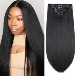 Kinky Straight Clip in Hair Extensions 24 Inch for Black Women 140g Full Head Yaki Straight Seamless Clip in Synthetic Hair （Natural Black 24 Inch 7Pcs）