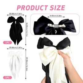 2 Pieces Large Hair Bows Hair Clips with Big Bow Silky Satin Elegant Black and White Hair Clips for Long Thick or Curly Hair for Women and Girls