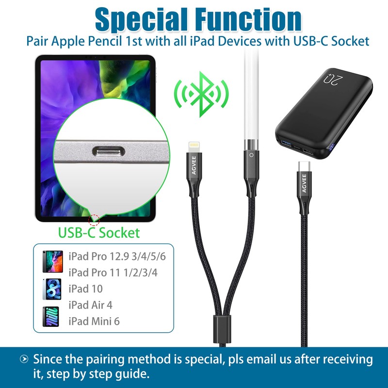 AGVEE 5ft USB-C Male to Lightning Female Charging Pencil Adapter