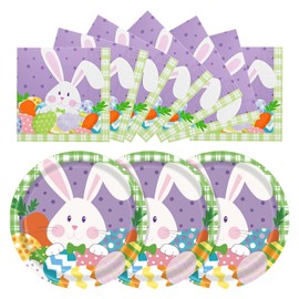Yahnwo 40PCS Easter Paper Plates and Napkins, 9 Inch Dessert Plates Disposable and 6.5 Inch Easter Napkins Bunny Plate with Egg for Desserts Salad Party Decorations, Serves 24