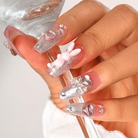 Sethexy Long Coffin Pink False Nails Handmade Rhinestones Glitter Luxury False Nails 3D Crystal Love Heart Bow Rabbit Acrylic Nails for Sticking Removable for Women and Girls