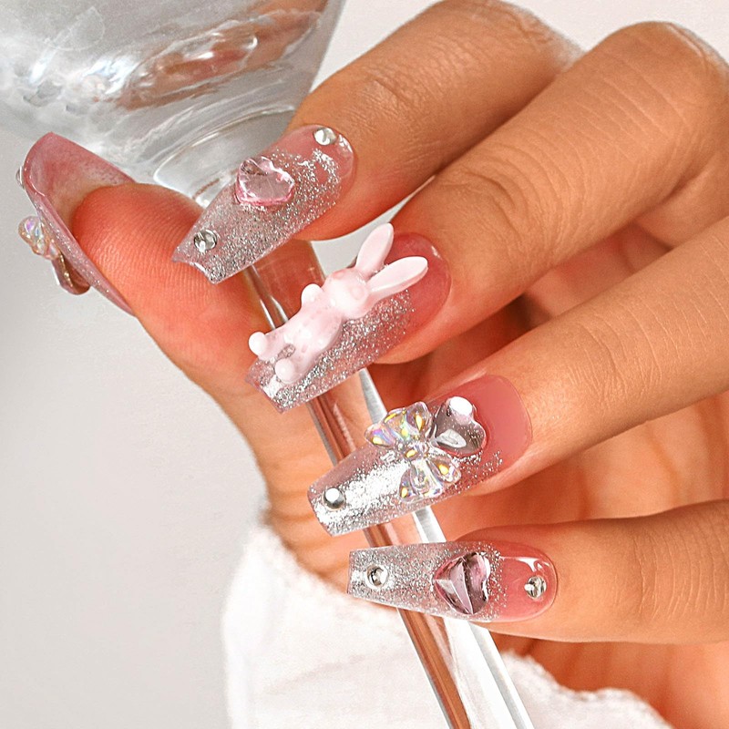 Sethexy Long Coffin Pink False Nails Handmade Rhinestones Glitter Luxury