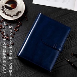 RIHUA A5 Notebook Notebook 6 Hole Ring Notepad with Refill Schedule Book Card Storage Leather A5 System Notebook Cover Business Notebook Office Supplies (Blue)