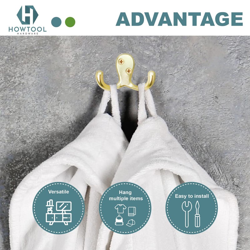 HOWTOOL Double Prong Towel Hook 5 Pack Champagne Brass with