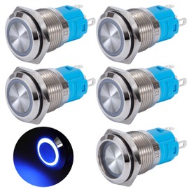 QIMEI-SHOP Pressure Switch Waterproof 16 mm Button LED Switch 12-24 V 3A Locking Push Button Switch Brass 5 Pin with Blue Ring LED Light for Car Boat Motorcycle Pack of 5
