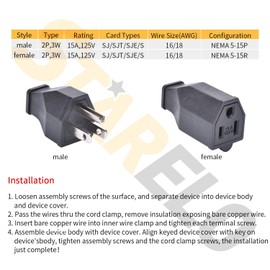 STARELO Extension Cord Ends 125V 15A 2Pole 3Wire Male Plug and Female Connector Straight Blade Plug Replacement Electrical Extension Cord End(Male & Female 10 Set)