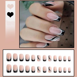 24-pack Short Coffin French Tip False Nails w/Black Edge, Silver Glitter Swirl, Removable Glue-on - Perfect for Women Nail Art Accessories