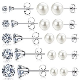 PLABBDPL 10 Pairs Pearl Earrings Rhinestone Earrings White Pearl Stud Earrings Women's Pearl Earrings Women's Pearl Stud Earrings Set for Women Girls 3-7 mm, Stainless Steel