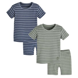 moimoln Ribbed Stripe Pjs Viscose Snug-Fit Baby Toddler Boys Girls Sleepwear (2 Pack-Short Green+Navy 3T)