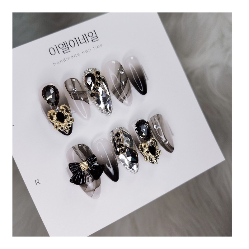 Black Granation Full Stone Nail Handmade Nail Tips - Coffin