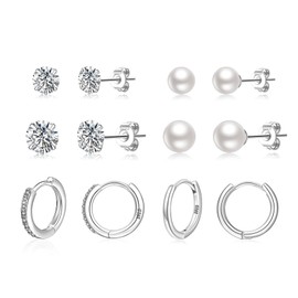 LOUMILEO 6 Pairs Sterling Silver Stud Earrings Set Hypoallergenic Pearl Stud Earrings Lightweight Small Silver Huggie Hoop Earrings for Women Man
