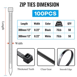 EMINCOUP Colored Zip Ties 12 Inch 100 Pack, Black & White Cable Ties, 75lbs Tensile Strength Self-Locking Plastic Tie Straps for Indoor and Outdoor Use