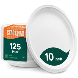 Stack Man Stack Man 100% Compostable Paper Plates 10 Inch Heavy-Duty [125-Pack] Eco-Friendly White Bagasse Disposable Dinner Plates From Natural Sugarcane - 10" Biodegradable Plate (BPI-Certified) (PFAS-Free)