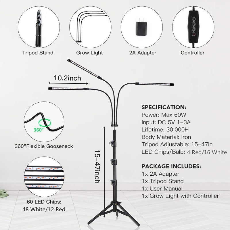 GHodec Grow Light with Stand, 60 LED 5500K Full Spectrum