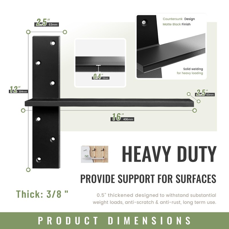 Floating Shelf Brackets Heavy Duty 3/8" Thick 4 Pack 16"