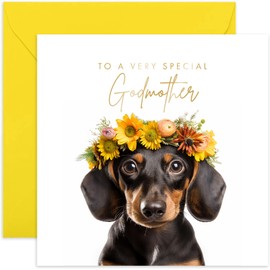 Old English Co. Daschund Dog Very Special Godmother Card - Daschund Floral Cute Birthday Card for Her - Cute Well Done Congratulations Cards for Godmother from Family Friends | Blank Inside