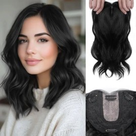 Large Base Toppers Hair Pieces for Women Full Volume Middle Part Clip in Bangs Synthetic Wavy Hair Topper for Daily Wearcolor: 1B, stretched length: 14inches, toupee size: 6x6