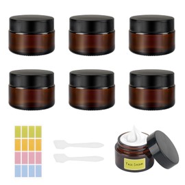 Amber Glass Jars, 6 Pack Empty Cosmetic Jars with Lids,Travel Pots with Spatula and Labels for Toiletries, Cosmetics,Powder,Lotion,Creams (30ml)