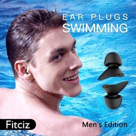 Fitciz Ear Plugs for Swimming, 2 Pairs (2 Sizes) Water Swim Ear Plugs with Case, Comfortable Waterproof Swimming Earplugs for Men, Women, Kids, Swimmers, Water Pool (Men’s Size)
