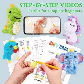 Crochet Kit for Beginners,4 PCS Animals Crochet Kit with Step-by-Step Video Tutorials, DIY Craft Kit for Beginners Includes Yarns, Eyes, Stuffing, Crochet Hook - Great Gift for Kids and Adult (Dinosaur, Penguin, Unicorn, Elephant)