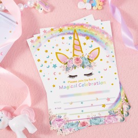 WERNNSAI 20 PCS Pink Unicorn Party Invitations for Kids Girls Princess Party Invites with Envelopes