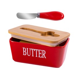 Ceramic Butter Dish with Lid and Knife for Countertop, Covered Butter Stick Holder Tray, Butter Storage Container for Fridge(Red)