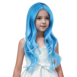 Edivd Girls Blue Ombre Wig Kids Long Mixed Light Blue Middle Part Wig Ombre Wavy Curly Wigs for Children Heat Resistant Synthetic Wigs with Cap