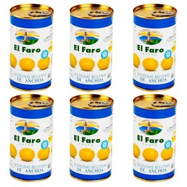 El Faro 6 x350g tins (150 grams drained/tin) Spanish Green Manzanilla Olives Filled With Anchovy