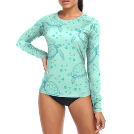 Women UPF 50+ Long Sleeve Rash Guard Sea Turtles Green UV Sun Protection Surf Swimwear Top Size XL