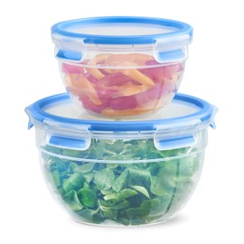 Emsa N1011600 Clip & Close Food Storage Containers, 2-Piece Set, Round (Capacity: 1.1 + 2.6 Litres, Clip-On Closure, Plastic), Transparent/Blue