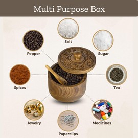 Mie Creations Rustic Salt Box Cellar with Hand Carved Lid & Spoon, Wooden Salt Pinch Bowls | Wood Salt Pepper Keeper, Spice Bowls for Cooking, Sugar Holder for Kitchen, Christmas Thanksgiving Decor