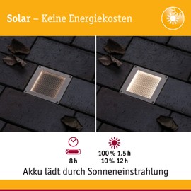 Paulmann Aron 94238 Solar Recessed Floor Light LED Outdoor Light Square Including 1x 0.7 Watt Black Stainless Steel Plastic 3000 K Warm White