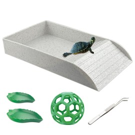 GSYUWIH Tortoise Habitat with Slopes,Turtle Habitat Set with Turtle Water Dish Food Tongs and Food Ball,Tortoise Accessories for Tortoises Turtles Lizards Bearded Dragons Frogs Other Amphibians（Grey）