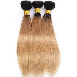 Ombre Straight Bundles 1b/27 Straight Brazilian Straight Bundles Human Hair Bundles Real Hair Double Weft Bundles with Tow Tone Hair Bundles for Sew No Smell 3 Bundles for Women 22 24 26 Inches