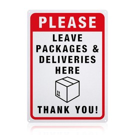 GLOBLELAND Please Leave Packages and Deliveries Here Sign, 14x10 inches 40 Mil Aluminum Caution Signs Indoor or Outdoor Use for Home or Business, Reflective UV Protected, Waterproof
