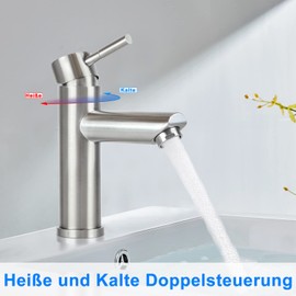 Mursche Bathroom Washbasin Mixer Tap - Brushed Stainless Steel Mixer Tap High Pressure Hot and Cold Water Tap Single Lever Mixer Tap for Bathroom Kitchen Sink