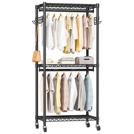 Mini Rolling Clothes Rack with Adjustable Metal Wire Shelving, Heavy Duty Clothing Rack for Hanging Clothes, Portable Closet with Wheels Side Hooks, Freestanding Closet Wardrobe, Black