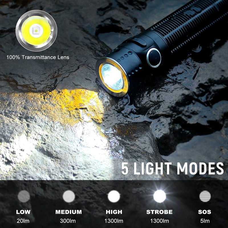 Galaxyman EDC Rechargeable Flashlight, 310m Throw 1300 High Lumens LED