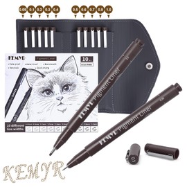 KEMYR 10 Micro Fine liner Drawing Art Pens Calligraphy Pens: 0.05mm-1.0mm Size Art supplies Waterproof Archival brown Ink Markers For Artists,Use for Professional Watercolor,Sketching