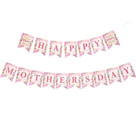 FUULOXE Happy Mothers Day Banner,Pink Floral Bunting Garland for Wall Fireplace Mantle Home Office Mother's Day Party Decorations